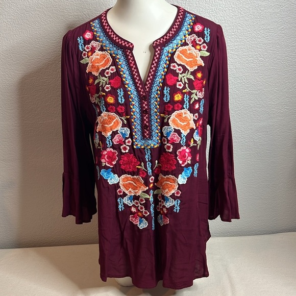 Savanna Jane Tops - Savanna Jane Burgundy Embroidered Boho Tunic Top - Size L